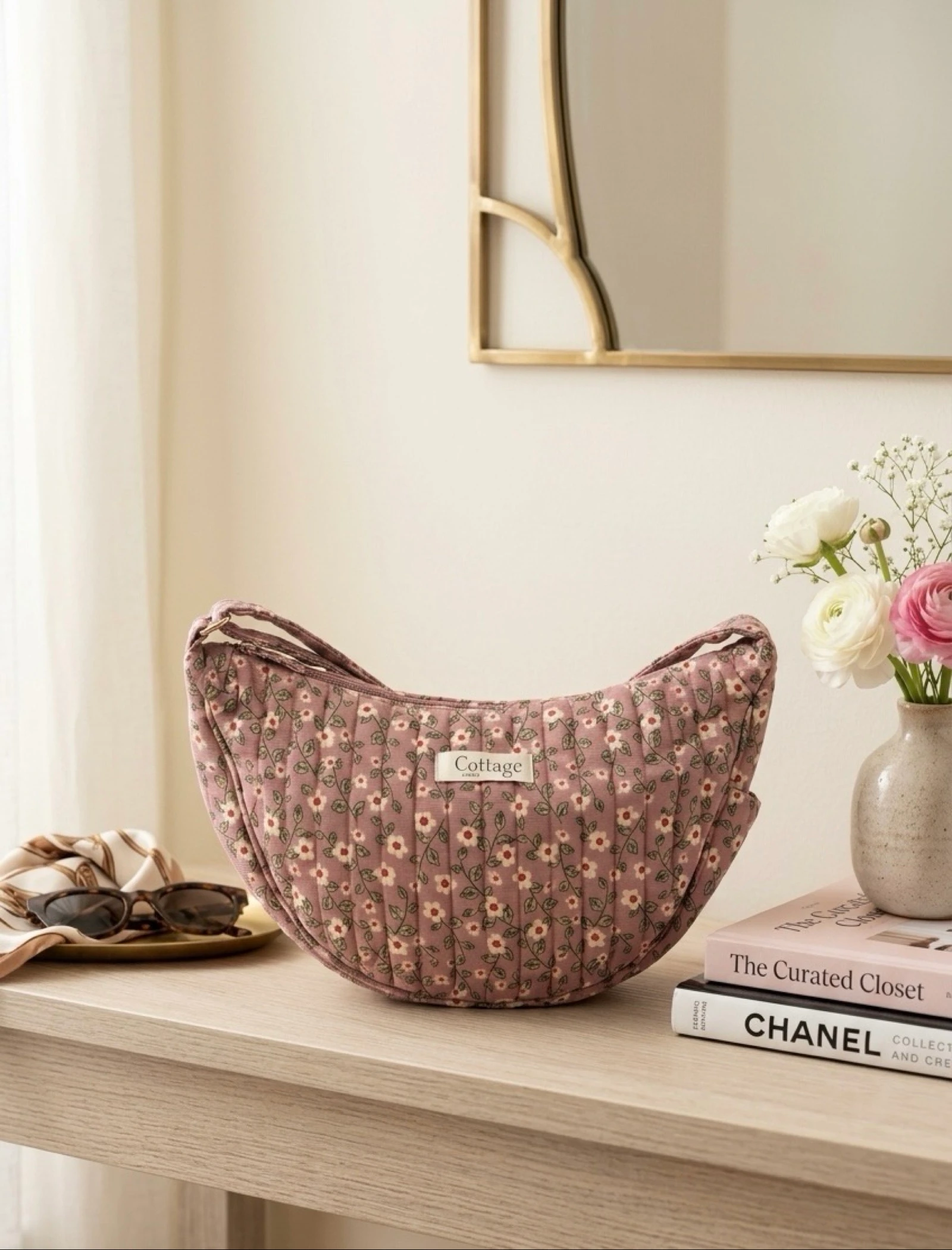 Sac Lune 100% Coton Matelassé Collection Cottage & Bag / Modèle Petites Fleurs Rose